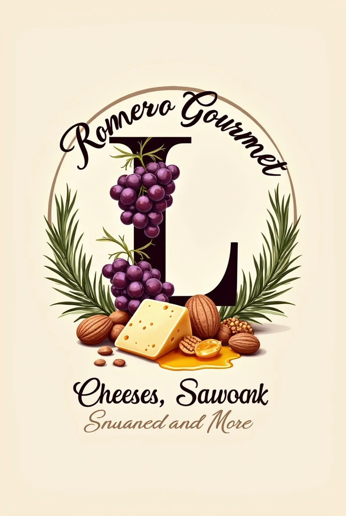 Round logo with the phrase Romero Gourmet at the top and the letter L decorated with grapes inside at the bottom., nuts, sliced cheeses, Honey, rosemary plant and below the slogan cheeses, snack and more