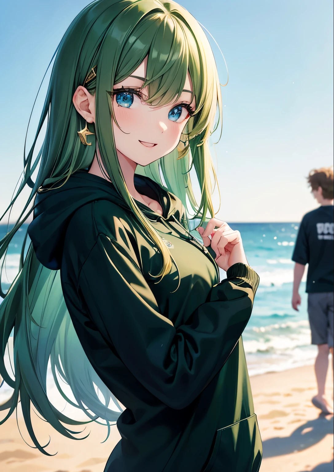 Voluminous dark green hair, front view, upper body visible, dark dark green hair color emphasis, long straight hair, big droopy eyes, blue eyes, kind young pretty face, kind droopy eyes, wearing green hoodie, hoodie pattern is numbers, gold hair clip, holding sign for 5 , GOGO, shy, smiling without opening mouth, gold earring in shape of number 5, gold hair clip, sparkling eyes, walking on beach, focus on face, fresh smile, green floral patterned hoodie, in dark room, high quality, gold number 5 earring, drooping eyes, blue eyes, close-up of face, small breasts, hands, background without shadow, high quality, focus on face.