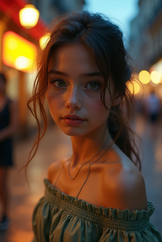 Best Quality, masterpiece, ultra high resolution, (reality: 1.4), Photo original, 1 girl, green eyes, off the shoulders, cinematic lighting