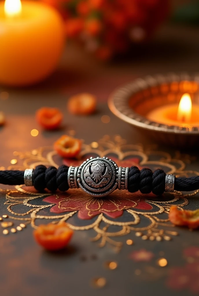 Black Rakhi with silver khadga hanging from it