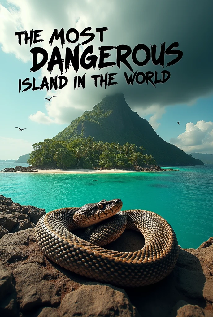 Rattlesnake on island with the phrase "The most dangerous island in the world"