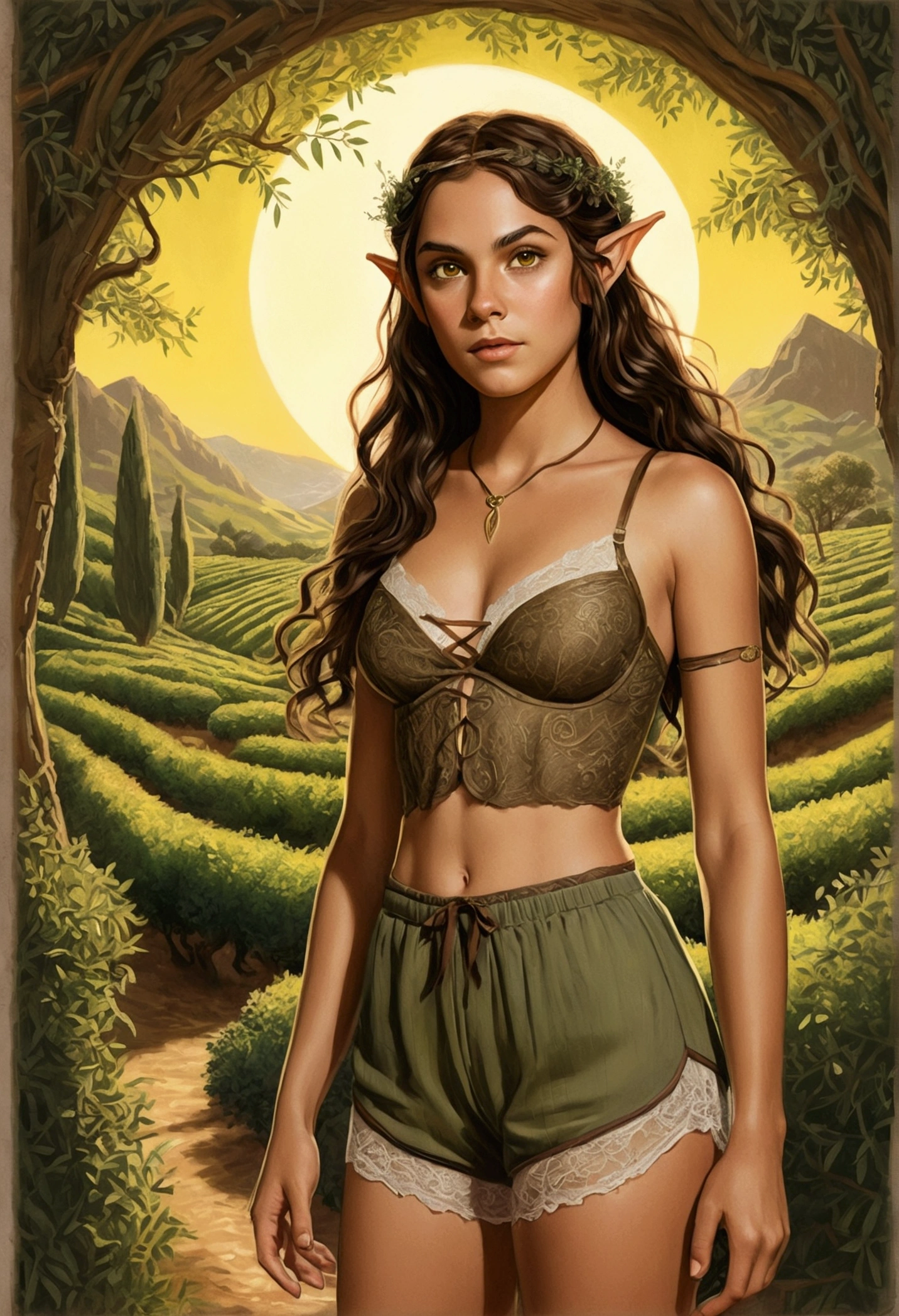 An illustrated movie poster, hand-drawn, full color, a teenage elven girl, wearing a lace bralette and bloomer shorts, toned, athletic hourglass figure, long pointy elf ears, amber eyes, dark hair, long messy waves, deep sun-tanned skintone, freckles, standing in a sunny olive grove, graphite shading, stencil marks, airbrushed acrylic paint, masterpiece, in the style of the Lord of the Rings