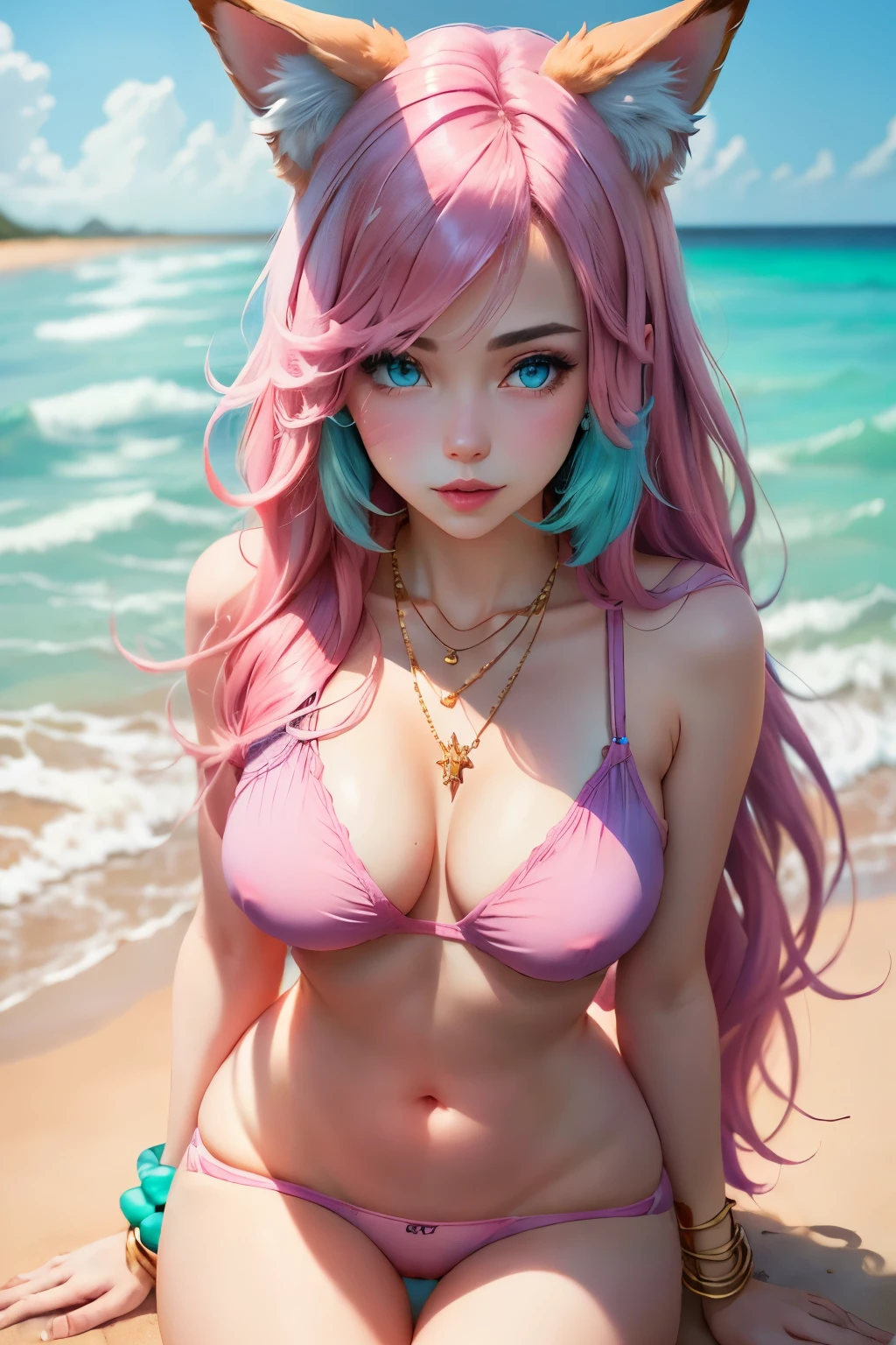 a girl, pretty long hair ,pink  hair, blue color inner hair, fox ears, Good, Lowleg Panties | Clothing Lora 222, turquoise blue eyes, with a golden bracelet, a pink jewel necklace, em uma praia, high resolution, super detaill, 8k, Overview
