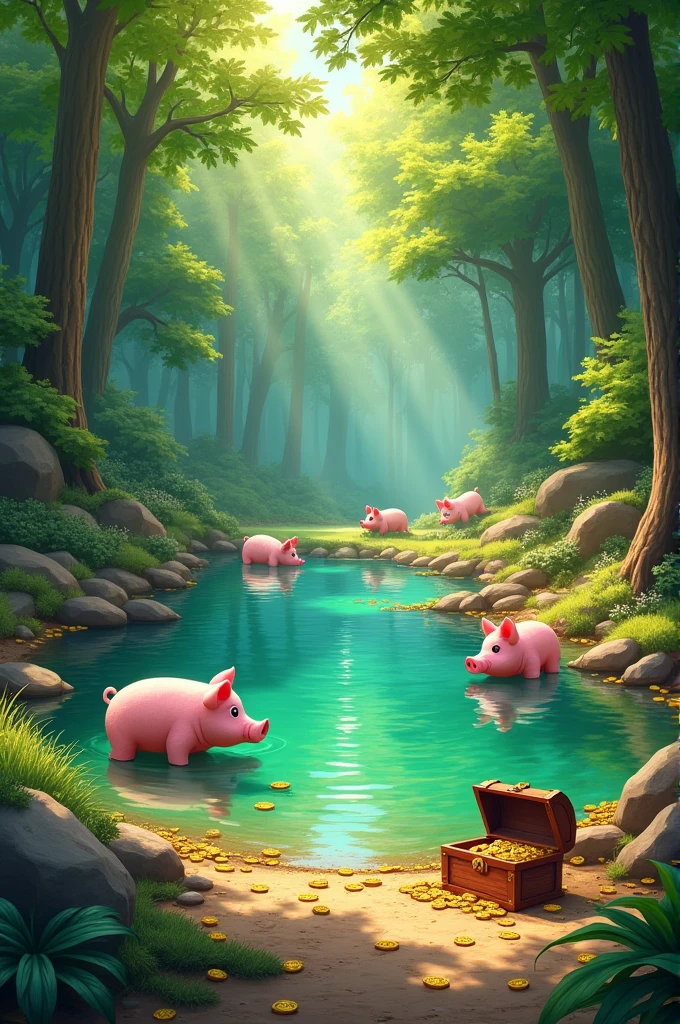 A large pond scene painting in the forest with sunlight shining down. There are pigs, treasure chests, and gold coins around the pond.