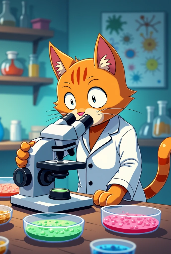  orange tabby male cat, studying bacteria  ,that Hector wears his lab coat, like an anime