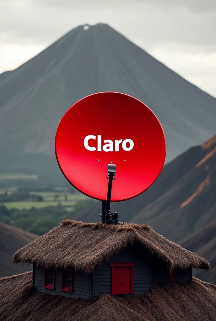 Image for an advertisement of home satellite antennas, with red colors, black and white with a landscape background with volcanoes and the antenna being red, that the antenna is placed on a house and that the antenna contains the letters Claro and that the letters of Claro are white, that the landscape contains its own colors of nature