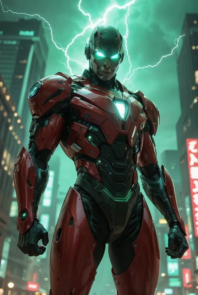 cyborg with a red and green armor with powers of lightning and supersonic speed