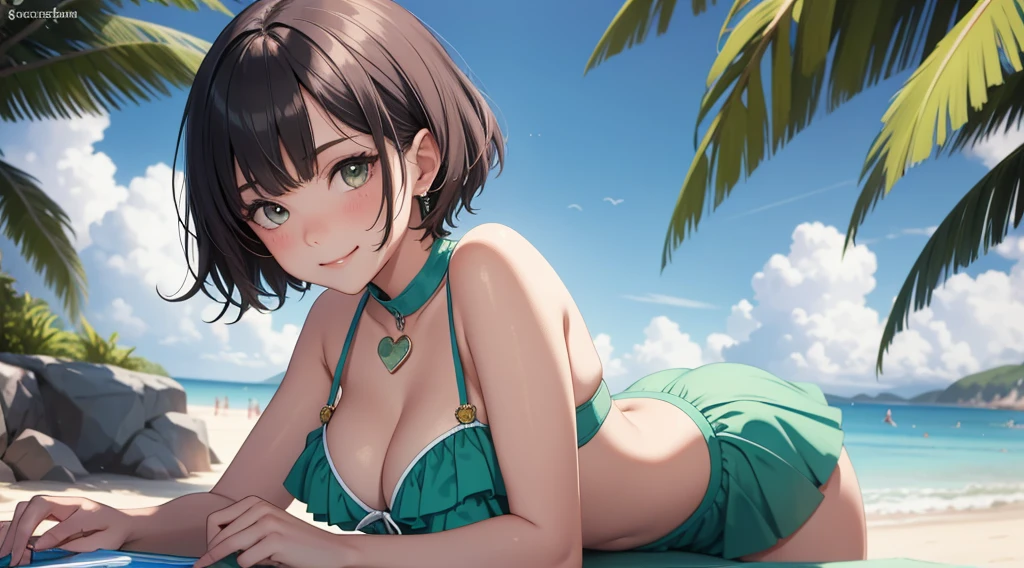 (Highest quality:1.1), (masterpiece:1.2), 5，Swimwear，Are standing，High Quality Shadows, Beautiful details, Beautiful Face, Detailed eyes,Depth of written boundary, High resolution, Best Shadow, Best lighting, daughter, Displaying the viewer, （Five-colored hair:1.3)，Brush Cut，Very short hair, Blunt bangs, Long Hair, Iris, shy, Large Breasts, mini skirt, Swimwear, pump, Sea Beach，green，cloud， Sunburn，Boo Markers，Cleavage，Looking into the camera，smile，closeup Cleavage，Super Skirt