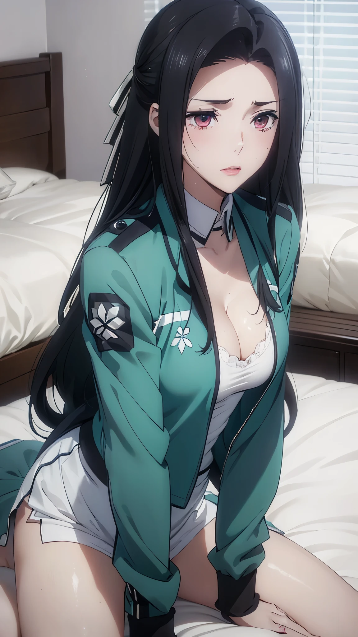 1 personの, alone, masterpiece, Highest quality, The Irregular at Magic High School, Mayumi Saegusa,Mayumi Saegusa, iris, Red eyes, eyelash, Black Hair, Long Hair, Back ribbon,High School Uniform, dress, white dress, collared dress, Jacket, green Jacket, cropped Jacket, open Jacket, Long sleeve, Large Breasts, (masterpiece: 1.3), (Maximum resolution: 1.2), (Ultra HD TV: 1.2), Cinematic Light, 8k resolution, Detailed facial features , (Sharp focus: 1.2）, (Focus on the face:1.2),Perfect Style, Beautiful Face, Acura, Anatomically correct, Highly detailed face and skin texture, Beautiful Eyes,Beautiful Eyes, Thin eyebrows, Natural Cheeks, Glowing Skin, Fair skin: 1.2, (Glossy Lips: 1.4),、 (Embarrassed look: 1.2),Highly detailed face and skin texture, Natural Cheeks, , Glossy Lips: 1.4,Perfect Style、Cleavage、Soft Breasts、（Semen on chest:1.6）（Cum on thighs 1.5）、 Sperm on tongue、Drenched in sweat、Wet clothes、blush、A humiliating look、Anxious expression、Frightened expression、Embarrassed look、Glare、anger、sorrow、tears、（Open your knees:1.5）、（Spread your legs:1.5）、 White underwear、Disheveled clothes、sweating、Thin underwear、18-year-old、 clear, A clean-cut woman,1 person、 Upward-facing chest, Black Hair、blue eyes、Beautiful Eyes、Torn clothing、（masturbation behavior:2.0）、At the bed、（On my back、At the bedLying down、Lying down、White sheets:1.7）、avert your eyes、