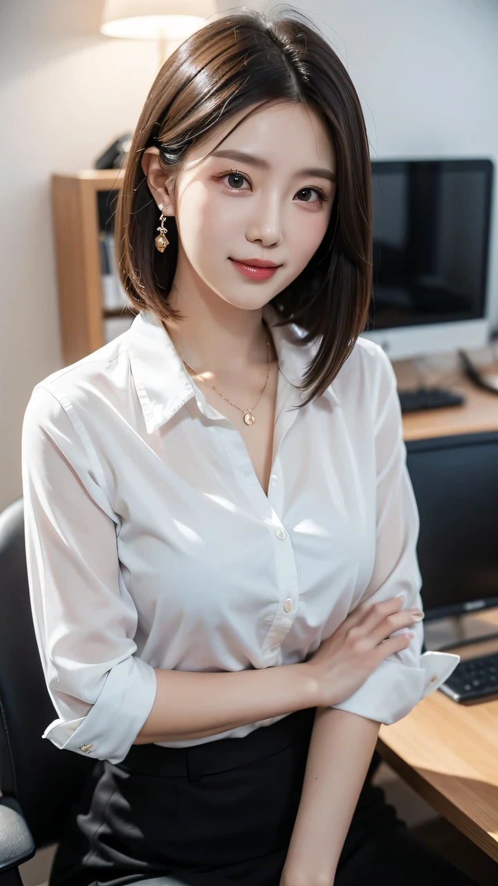 The photo captures her from a three-quarters front view, showcasing her upper body.，A 28-year-old sister，Short black hair neatly combed behind the ears，Appears capable and。She was wearing a white collared shirt，The neckline is slightly open，Paired with a dark blue suit skirt，Show the style of professional women。Her smile is confident and warm，Wisdom and determination revealed in his eyes。The background is a simple office environment，Emphasizes the stability and strength of her royal sister style。