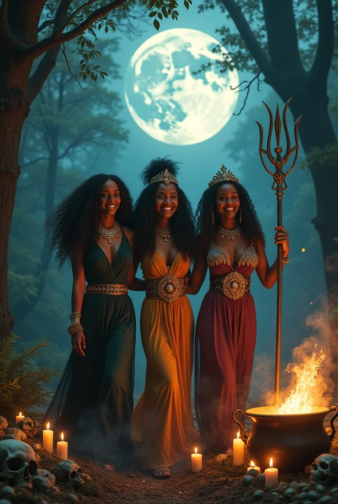 Africanas Nude, with long curls, Three women together black skin, wicked roses, walking through the forest, corona, Nude, calaveras. candles, trident, full moon, Nude cubiertas de sangre , preparing potion in a cauldron. fire , Nude, jovial laughter, crowns, jewelry , throne, naked