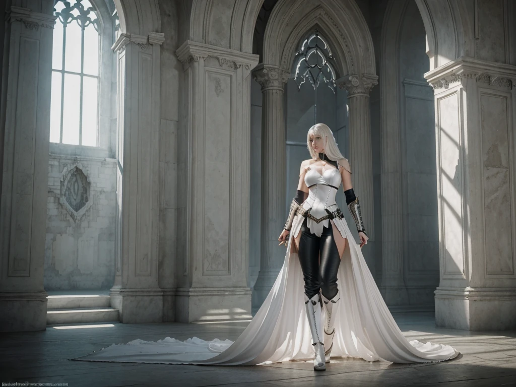 Tall woman, white hair, castle, white skin, dark fantasy, knight, 250cm tall, big breasts, epic, 4k, high resolution, ambient occlusion, holding a sword, dynamic pose, concept art, inspiring, dark armor, dark clothing, dark environment