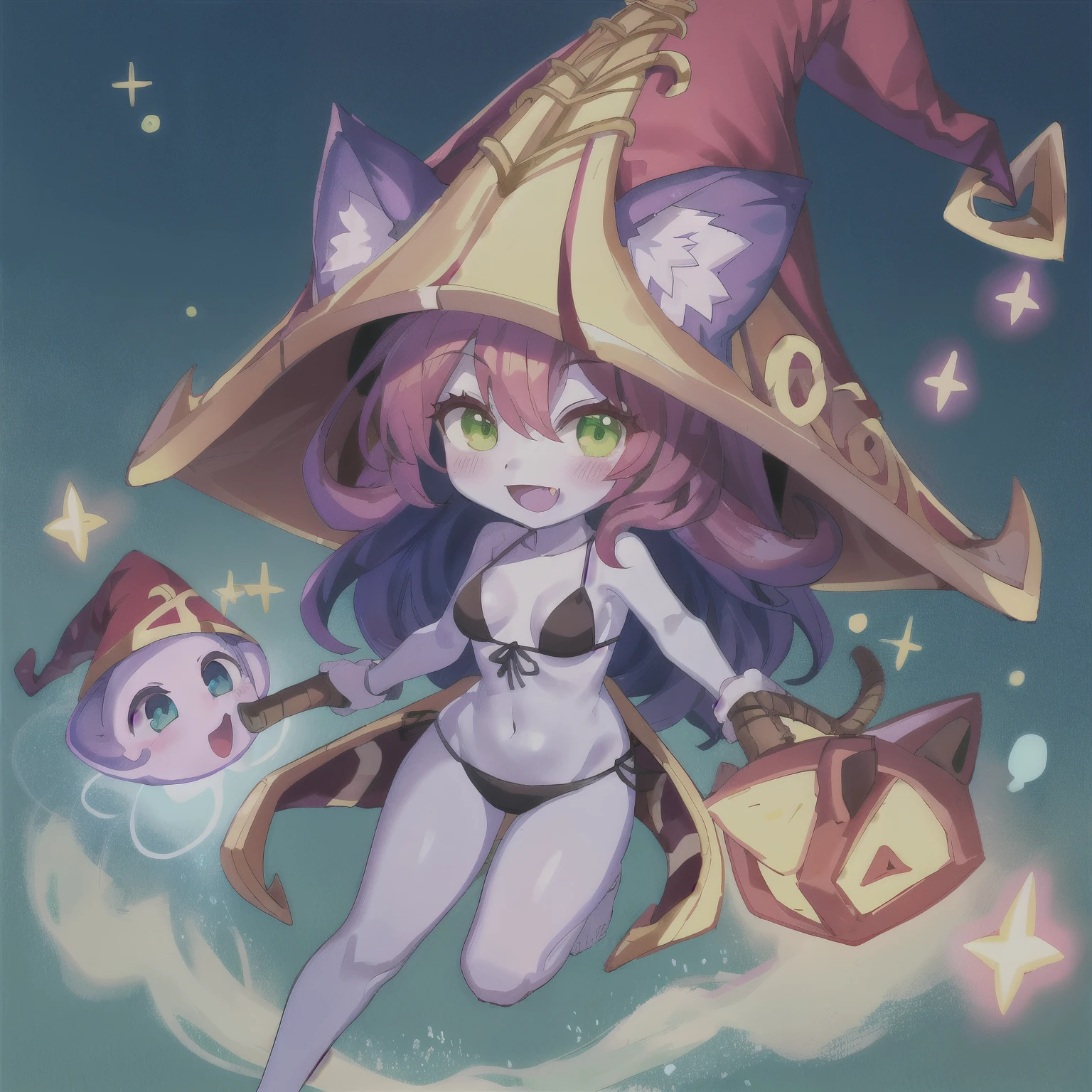 Lulu (League of Legends), 1girl, animal ears, bikini, blush, thighs, abdomen, colored skin, breasts, fang, full body, green eyes, happy, hat, League of Legends, open mouth, purple hair, purple skin, smile, solo, witch hat, yordle