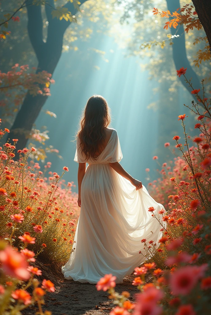 surreal fantasy photo:1.4, (vibrant:1.2), (whimsical:1.2), (dreamlike:1.2), high saturation, bright colors, ethereal lighting, dynamic movement, wide-angle, imaginative, otherworldly, colorful flora, flowing fabric, 24mm lens, f/4, fantastical, enchanting, a woman wearing white shawl and in a flowing white dress in a vibrant, fantasy-like environment