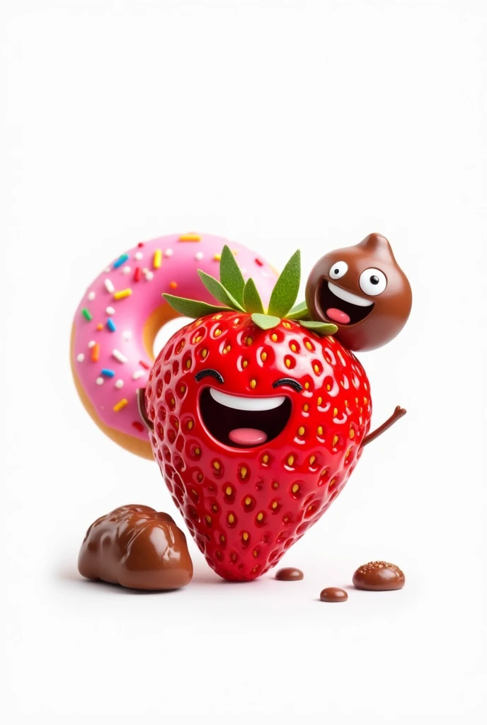 A happy smiling strawberry with a pink smiling donut and a cute smiling chocolate candy in the background on a completely white background. 
