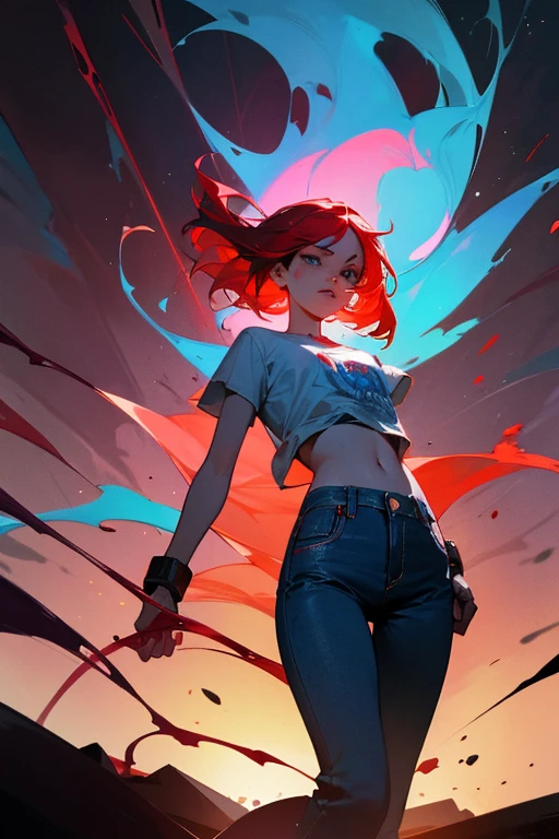 Create a dramatic and symbolic image of a 24-year-old woman with short, light blue hair, Bleeding out while wearing teenage clothing, like a t-shirt and jeans. Blood flows in a bright, surreal pattern. From the blood, A defiant red-haired figure emerges, partially formed. The scene should be partially censored to focus on the symbolic aspect without explicit details. Use cool colors for the young woman bleeding and warm colors for the emerging figure. The atmosphere must be mystical, with dramatic lighting and luminous blood.