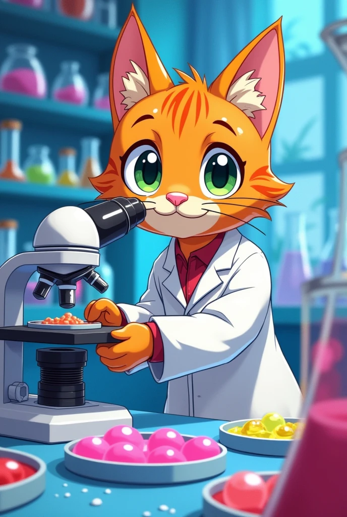 orange tabby male cat, reviewing bacterial cultures ,that Hector wears his lab coat, like an anime