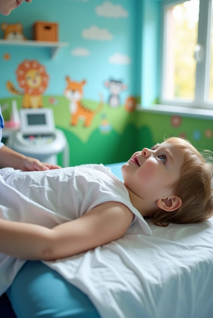 Being undressed and lying face down in a pediatrics clinic, getting an injection in the buttocks.
