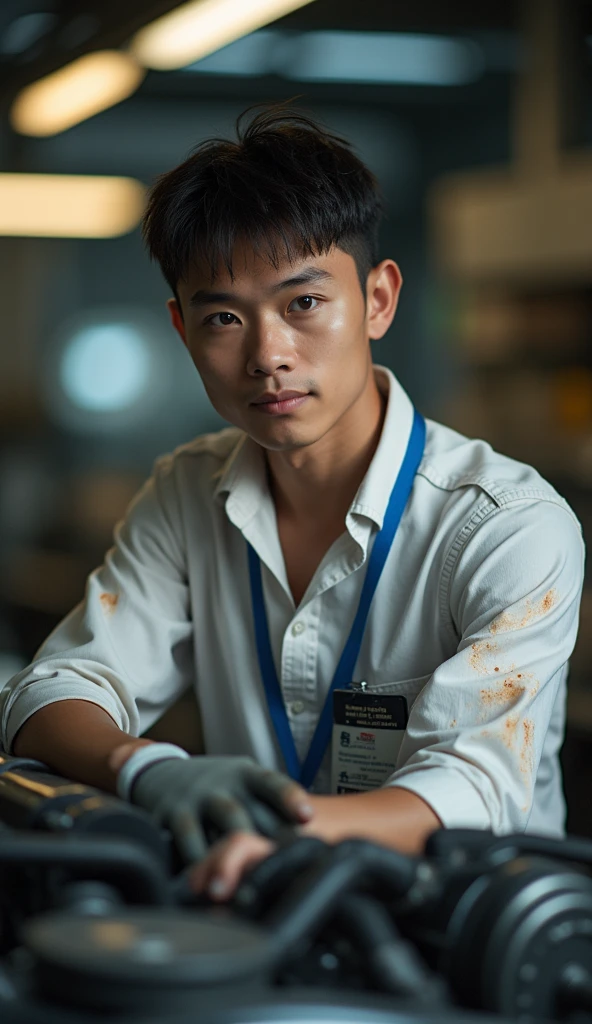 high quality, 8k, photorealistic, 1man,18 year old,thai face, male car mechanic, white shirt, (ห้อยสายคล้องคอบัตรนักศึกษาสีน้ำเงิน) ,detailed facial features, beautiful eyes, grease on face, working on car engine, detailed machinery, industrial setting, warm lighting, depth of field, cinematic composition