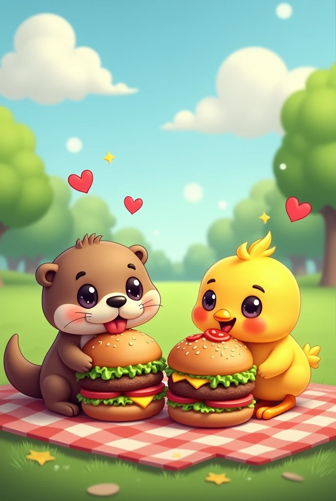 An otter and a chick eating burgers and drawn as cartoons as simple emojis