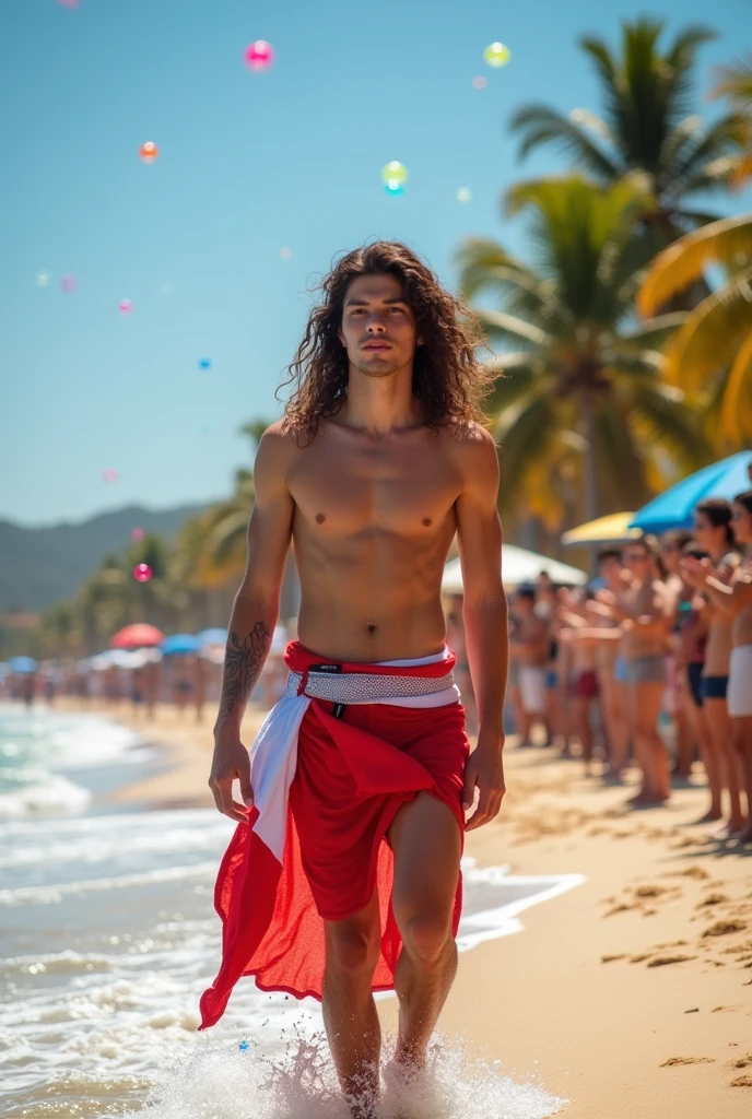 young, beautiful, elegant, white, skinny, elegant shirtless face standing, ,sin remera en la playa con una tohalla Rojo white y azul representando a Paraguay playera mientras muchos publico le aplaude y celebra con muchas burbuja en su alrrededor pasarela masculina