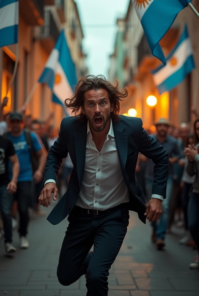 Create an image of Javier Milei, use a real photo of the president of Argentina, escaping from an angry mob carrying Argentine flags, He has eyes of terror and panting expression