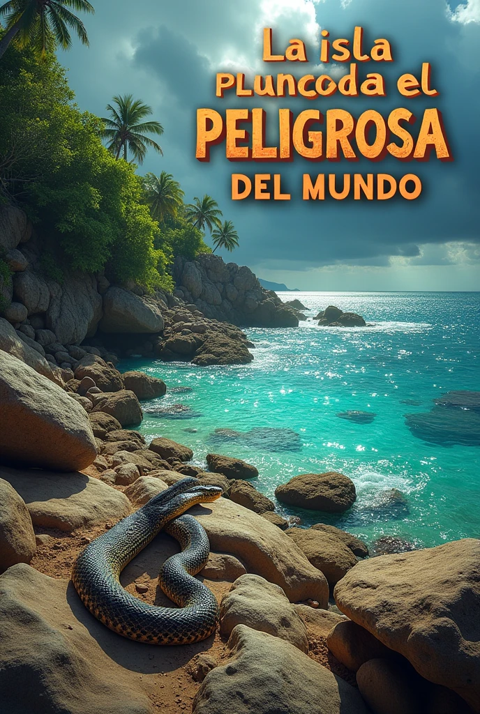 Rattlesnake on island with the phrase "The most dangerous island in the world" in Spanish