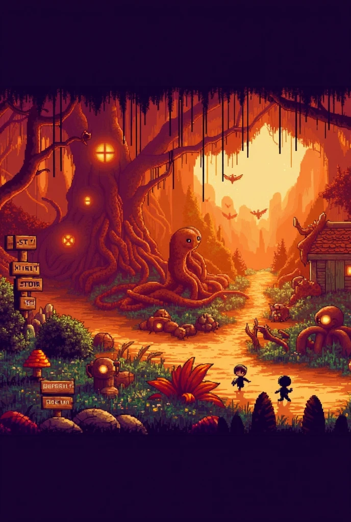 Generate for me a fantasy world landscape wallpaper composed of forests, trees and mythical creatures like monsters and fantasy beings made of pixels.