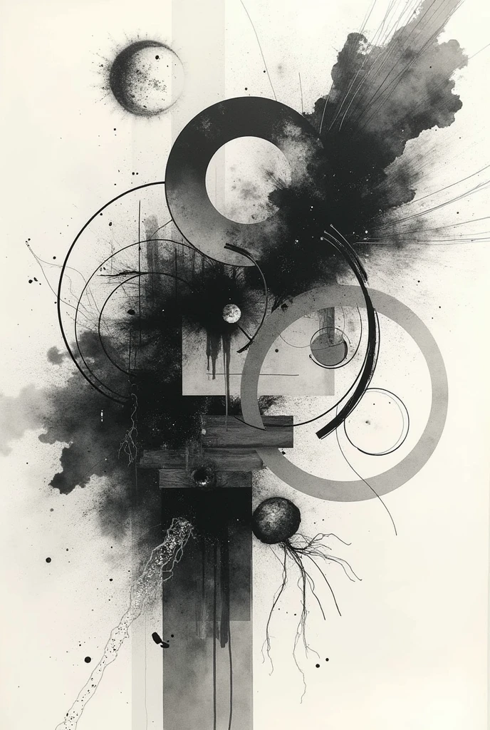 a collage of mixed media elements, abstract background, minimalistic, monochrome, graphic design, Creative composition, unique perspective, impressive visual impact, complex textures, bold lines, geometric forms, clean aesthetics, Beautiful balance, Dynamic Layout, visually appealling