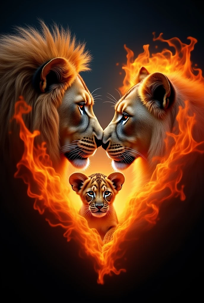 The head of a lion and the head of a lioness are in profile forming a heart of fire and in the middle of them is a lion cub. The background of the image is black and the heart image is bright dark blue 