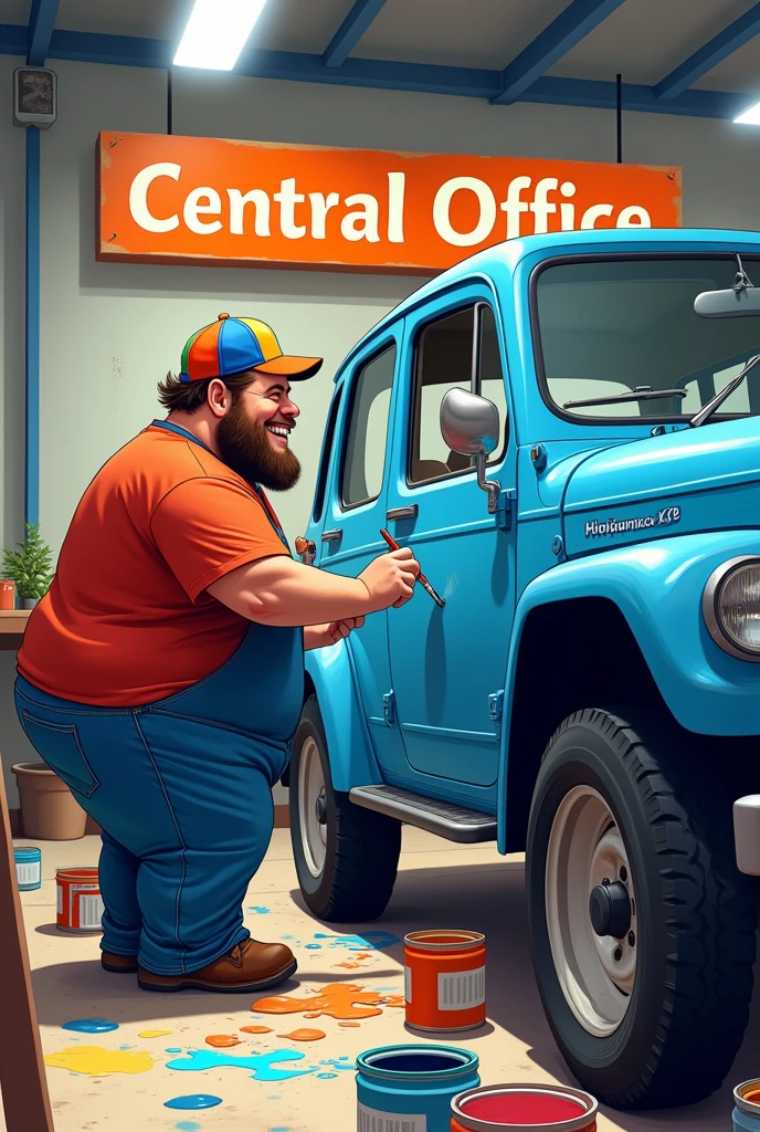 A chubby man in a cap painting a blue Jeep, above the name central office, on the floor several cans of paint, make it as if it were a drawing.