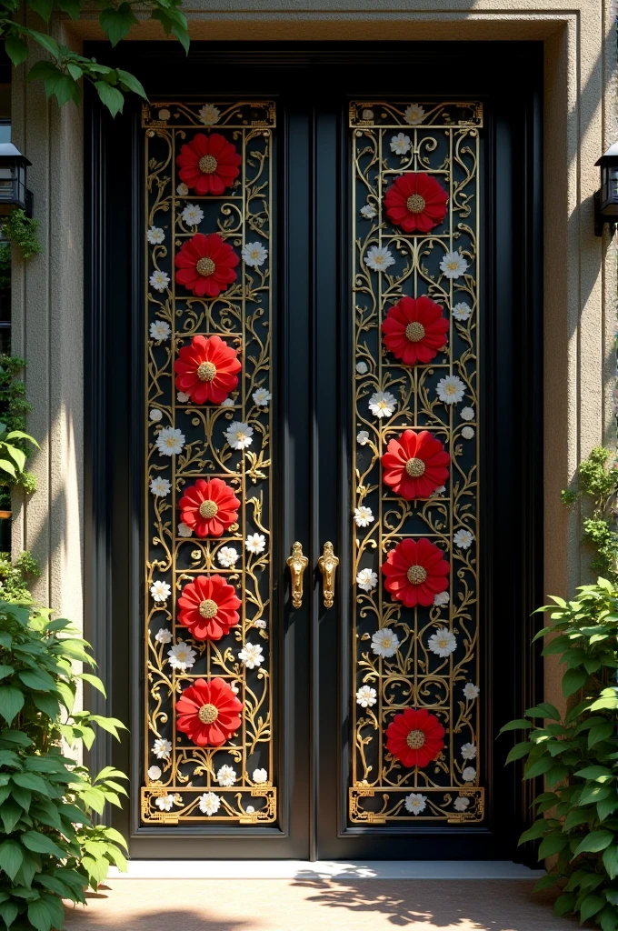 Black door with squares and flowers using three colors red, white and gold