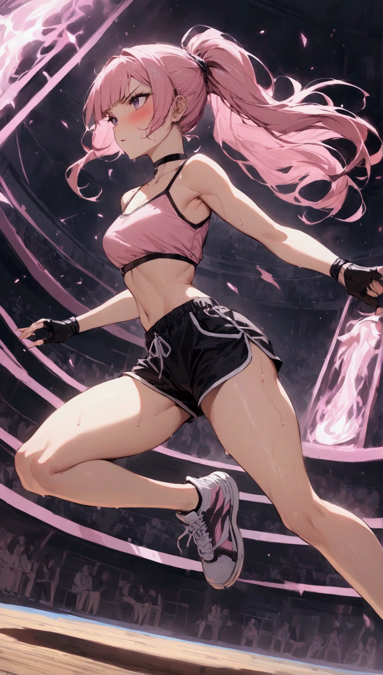 {{masterpiece}}, {{{Highest quality}}},{{Very detailed}}{{female martial artist}},{{Female fighters fighting in a martial arts match..}},{{during a match}},solo,1girl, {{Very slim legs:1.2}},slim body,{{}},{{}},Mature Women,Dynamic composition、Dutch Angle,from side,Focus on thighs,,v-shaped eyebrows.profound,Bad mood,blush,Sweat,{{clavicle:1.4}},{{}},,choker,,,,black fingerless gloves,dolphin shorts, pink hair,Pink camisole, long hair,ponytail Blunt bangs,high-cut sneakers,{{On the ring:1.4}},Small Arena