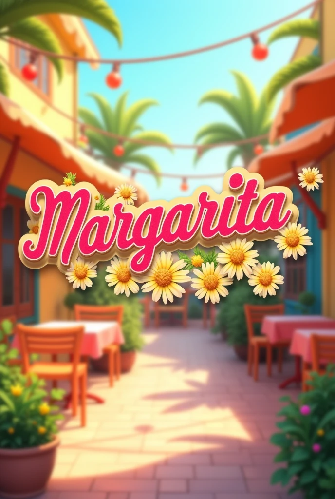 Animated logo with pastel colors for a restobar called Margarita where cantaritos will be sold and with daisy flowers