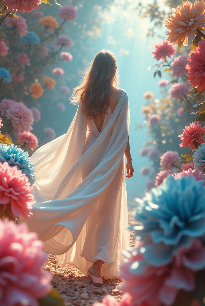 surreal fantasy photo:1.4, (vibrant:1.2), (whimsical:1.2), (dreamlike:1.2), high saturation, bright colors, ethereal lighting, dynamic movement, wide-angle, imaginative, otherworldly, colorful flora, flowing fabric, 24mm lens, f/4, fantastical, enchanting, a woman in white shawl and in a flowing white dress in a vibrant, fantasy-like environment