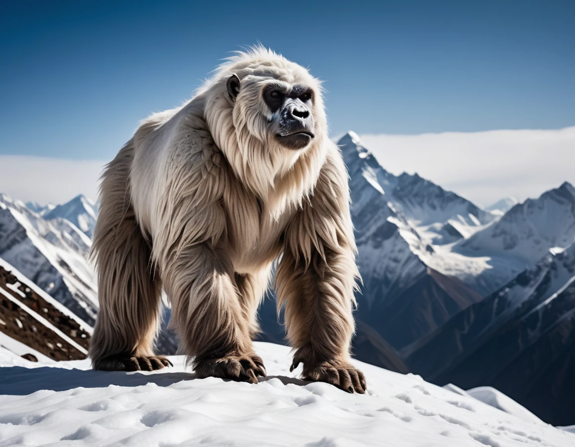 Deep in the Himalayas, A solitary Yeti, Covered in thick white fur, Snow covered mountain々Crossing the. Shot with a 100mm f/2.8 Lenses, The intricate detail of the Yeti's fur and the sharp contrast with the snowy landscape、Creates a mystical scene capturing the legendary mystery of the Himalayas。, 8k resolution, Ultra-high resolution, Digital SLR, Insane Details, Award-winning photo, 