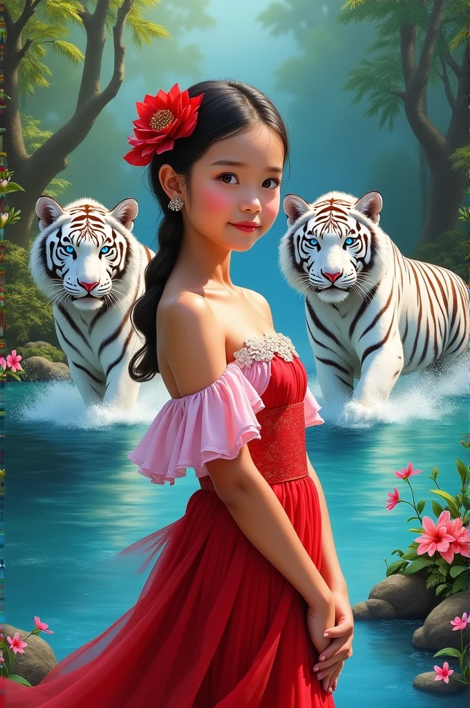 full lenght hiper 2kThe full-body picture has a young girl, beautiful and sweet face, her hair is often pinned with a red swan hairpin, in a red Thai dress that flows, a pink and white shoulder cloth that shimmers, and there are two white tigers, large and intimidating, magnificent, beautiful, blue eyes of the sea, playing in a small pool until the water splashes, in a rainforest, a refreshing atmosphere, amidst the beauty of a small field of colorful flowers around a clean pool, beautiful, glowing and shimmering, 3D image, oil painting, art painting by Professor Chalermchai