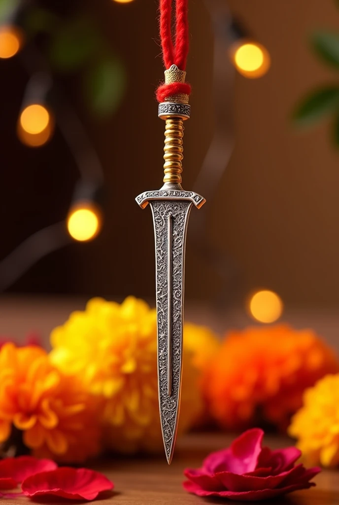 Rakhi with silver khadga hanging from it
