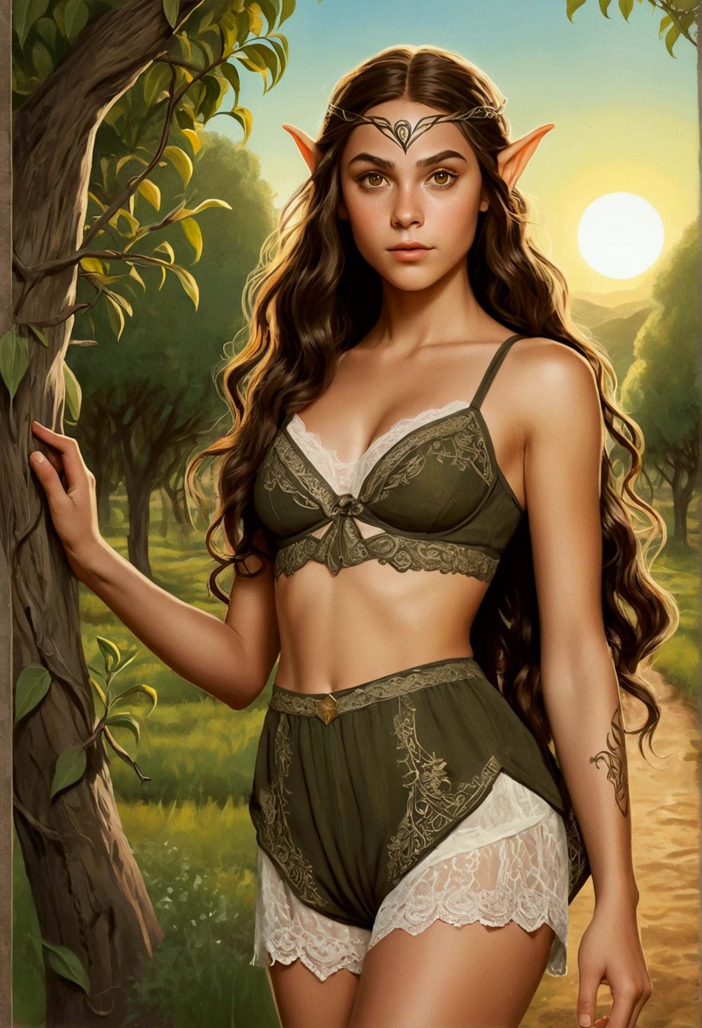 An illustrated movie poster, hand-drawn, full color, a teenage elven girl, wearing a lace bralette and bloomer shorts, toned, athletic hourglass figure, long pointy elf ears, amber eyes, dark hair, long messy waves, deep sun-tanned skintone, freckles, standing in a sunny olive grove, graphite shading, stencil marks, airbrushed acrylic paint, masterpiece, in the style of the Lord of the Rings