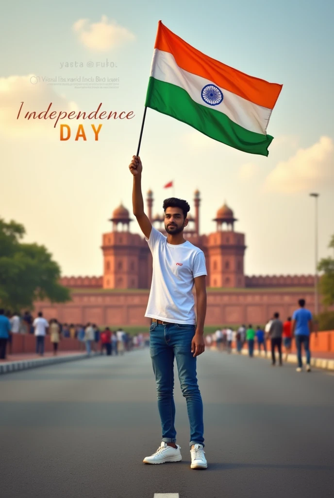 Generate a Realistic 20 years old boy, Wearing White T shirt blue jeans sneakers and the name "Vishal Maurya" is written on his sirt and the boy is standing on the road with holding a national flag of India, and behind him is the Red Fort Delhi. And written on sky "Independence Day" Create Realistic image high quality