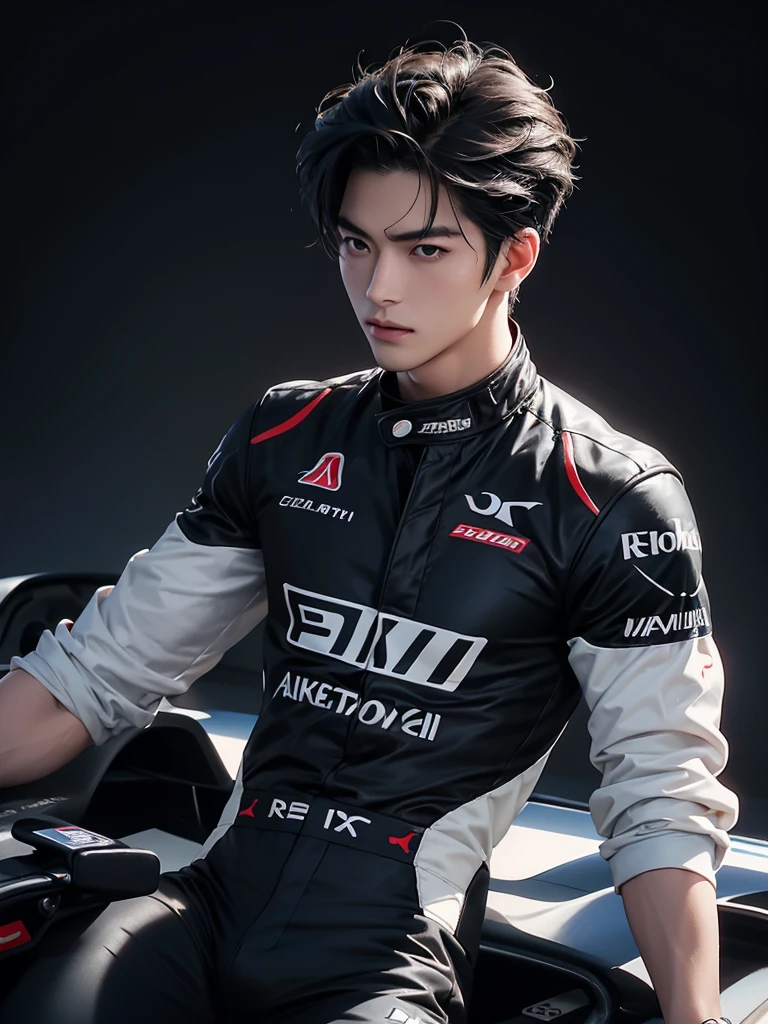 Cinematic Photo of a handsome japanese men 25-30 y.o fashion model, medium black hair. He is doctor. He is a F1 racer.Background F1 racing track! He put on his F1 suit