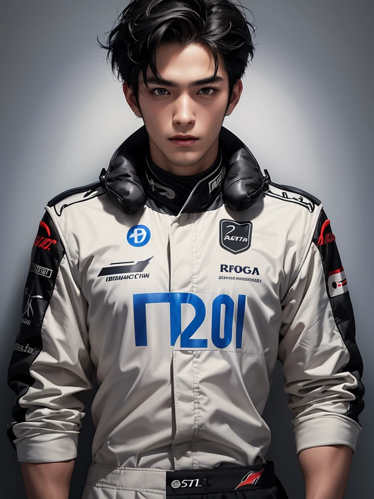 Cinematic Photo of a handsome japanese men 25-30 y.o fashion model, medium black hair. He is doctor. He is a F1 racer.Background F1 racing track！ He put on his F1 suit