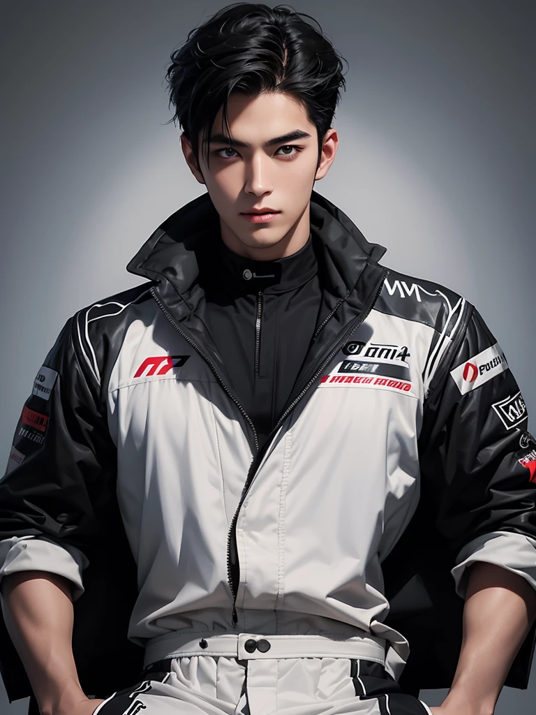Cinematic Photo of a handsome japanese men 25-30 y.o fashion model, medium black hair. He is doctor. He is a F1 racer.Background F1 racing track! He put on his F1 suit