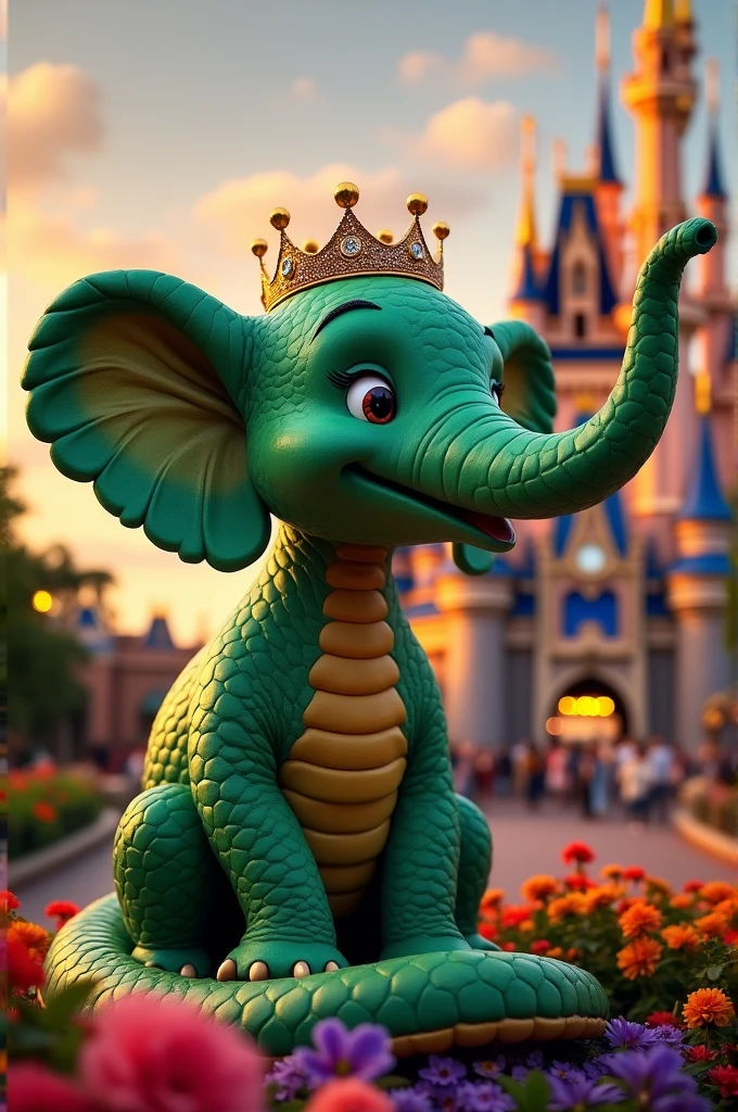 Elephant with a snake face at Disney holding a Minnie tiara