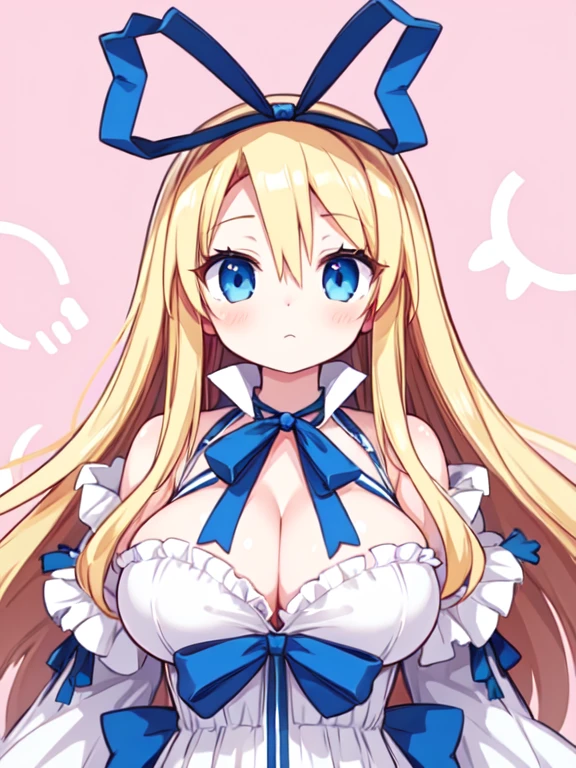 flonne \(angel\), long hair, large breasts, innocent face, breast focus, blue ribbon, blue eyes, deep cleavage