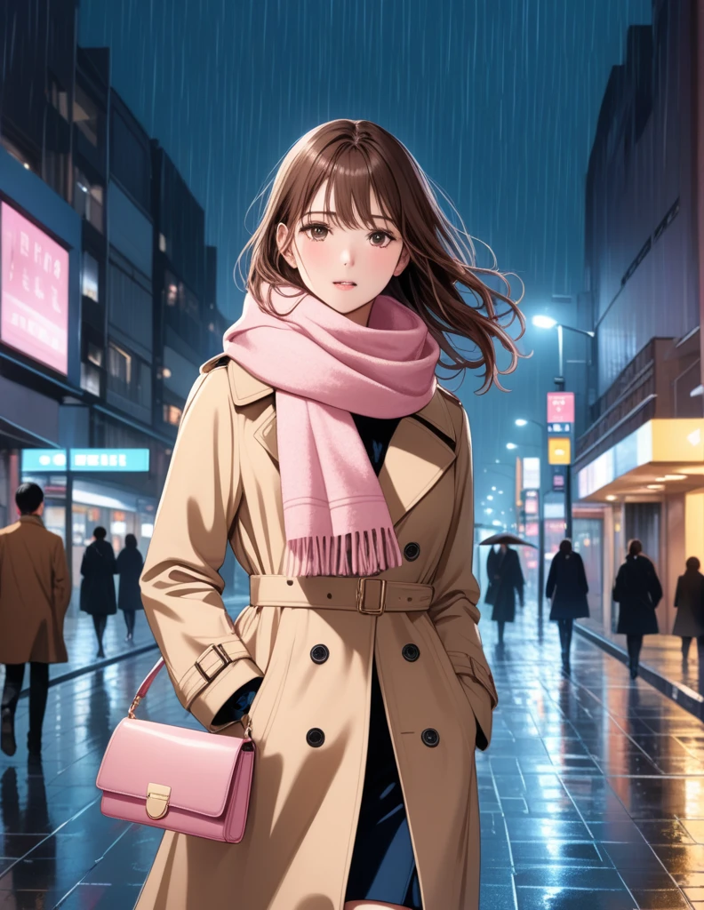 Masterpiece, hd, 1girl with long brown hair wearing a fully buttoned up closed and beige belted buckle knee-length trench coat with a tucked up large pink winter wool scarf and white gloves carrying her large pink purse blown by the hard wind at the hard rainy night city street full body 8k)
