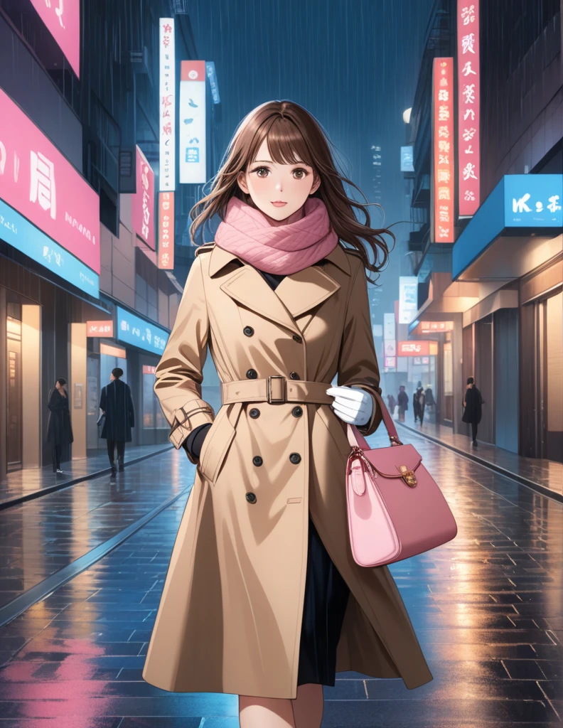 Masterpiece, hd, 1girl with long brown hair wearing a fully buttoned up closed and beige belted buckle knee-length trench coat with a tucked up large pink winter wool scarf and white gloves carrying her large pink purse blown by the hard wind at the hard rainy night city street full body 8k)