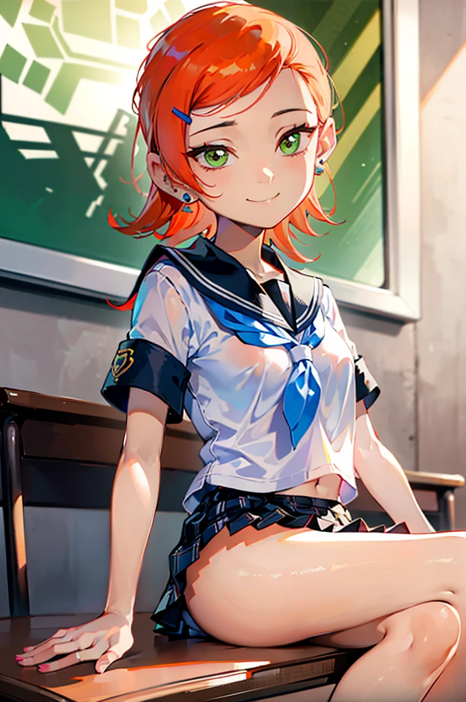 Realistic and detailed image of one in a school uniform with plaid pleated mini skirt. She has long brown wavy hair in a side bun.. Eyes red. She has earrings, long eyelashes. she has small breasts, Waist slender, very wide hips and thick thighs. smiling, satisfied face. Legs open and raised, see panties. back arched. She is sitting in a classroom with sunbeams at sunset.
