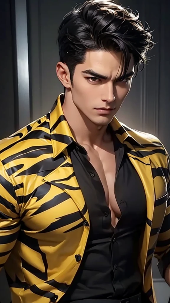 a muscular man, yellow Zebra print formal open shirt, folded collar, black undershirt, short black hair, handsome detailed face, large breasts, sexy expression, looking directly at viewers, black pants, 