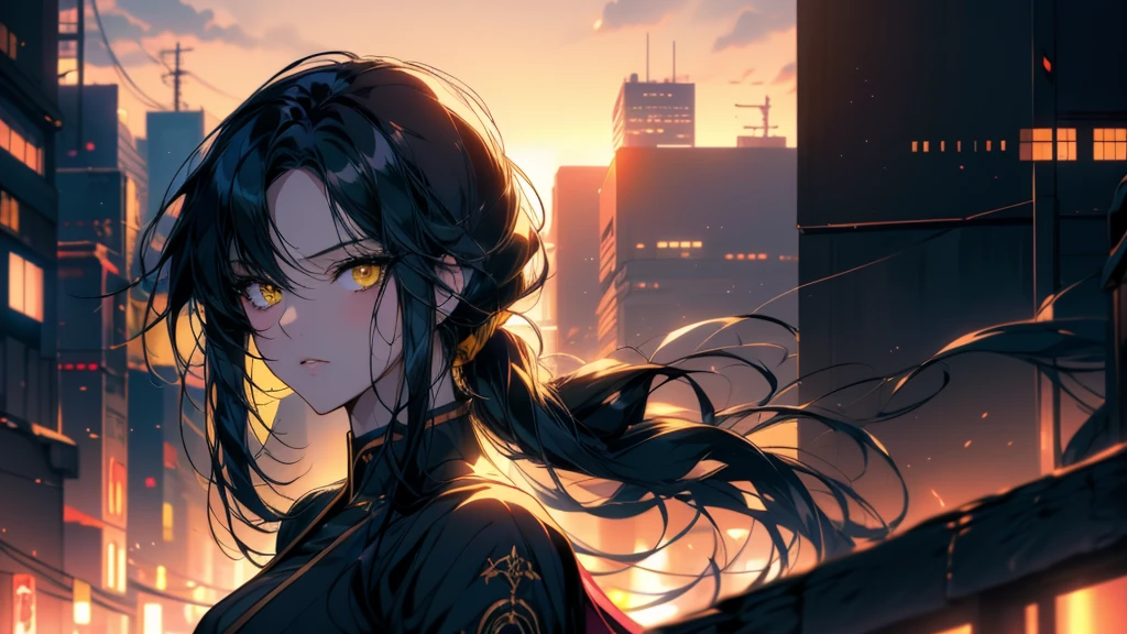 An anime girl with black hair and yellow eyes stands in front of the city., Anime Style 4k, Anime style portrait, Detailed portrait of an anime girl, detailed Digital anime art, Beautiful anime portraits, Stunning Anime Face Portraits, Amazing anime 8k, Anime Girl Portrait, Anime Girl Portrait, Digital anime art, Enchanting anime girl, Anime Girl Portrait, Cyberpunk anime